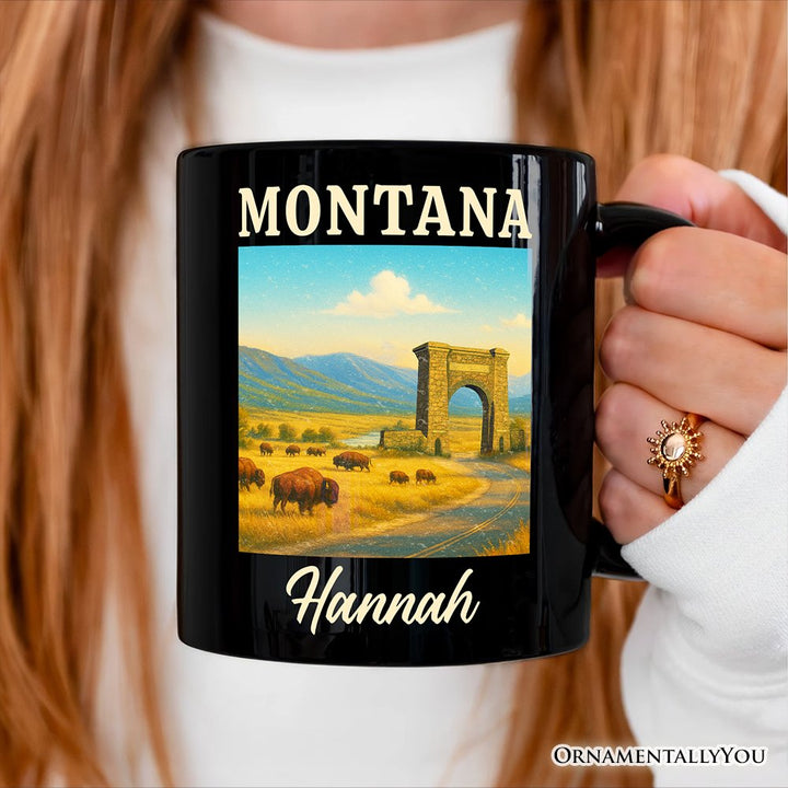 Rustic Montana State Wildlife and Landmark Personalized Mug, Yellowstone Entrance Tee and Western Prairie Souvenir with Custom Name Personalized Ceramic Mug OrnamentallyYou 