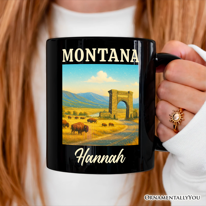 Rustic Montana State Wildlife and Landmark Personalized Mug, Yellowstone Entrance Tee and Western Prairie Souvenir with Custom Name