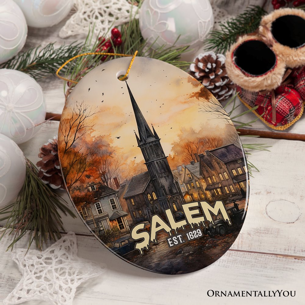Mysterious Salem Watercolor Fall Art Ornament, Massachusetts Souvenir and Gift Ceramic Ornament OrnamentallyYou 