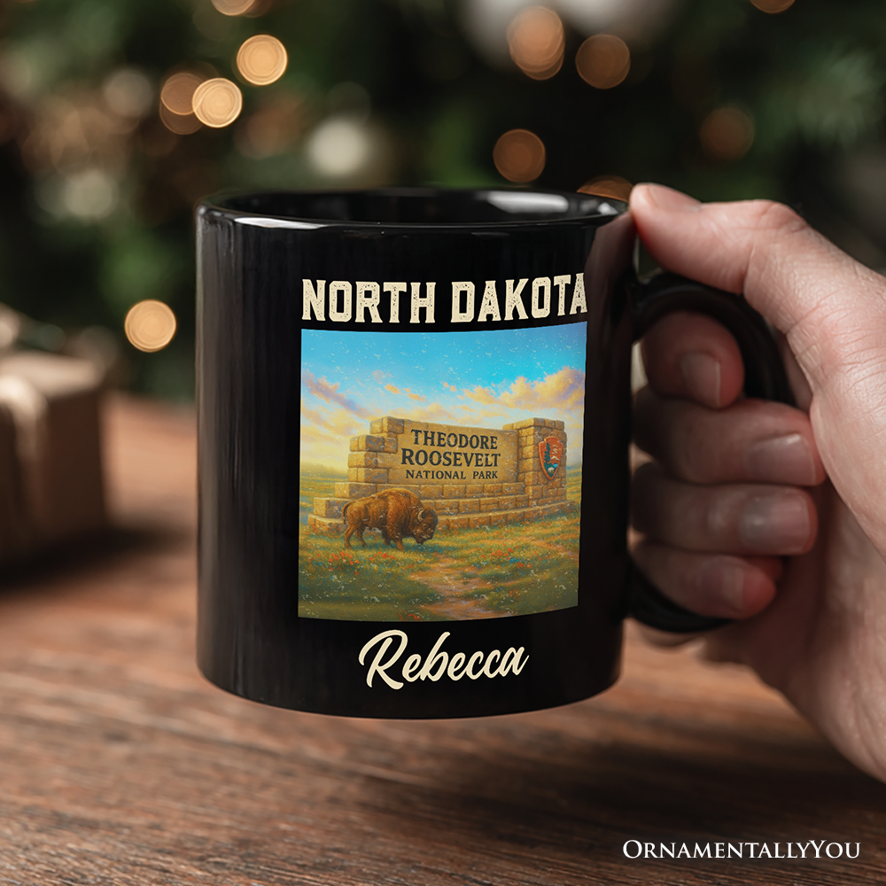 Scenic North Dakota State Theodore Roosevelt Park Personalized Mug, Bison Wildlife Gift and Great Plains Souvenir with Custom Name