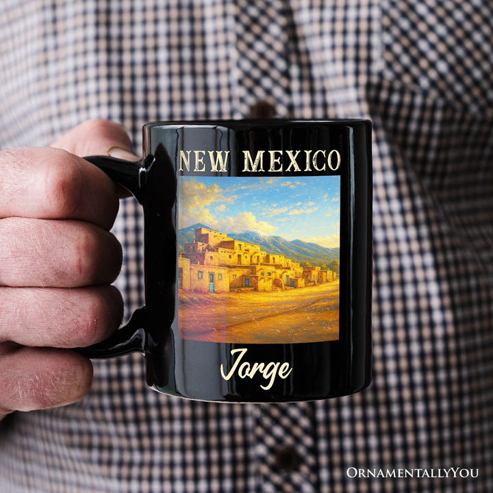 Artistic New Mexico State Taos Pueblo Personalized Mug, Native American Heritage Gift and Southwestern Cultural Souvenir with Custom Name