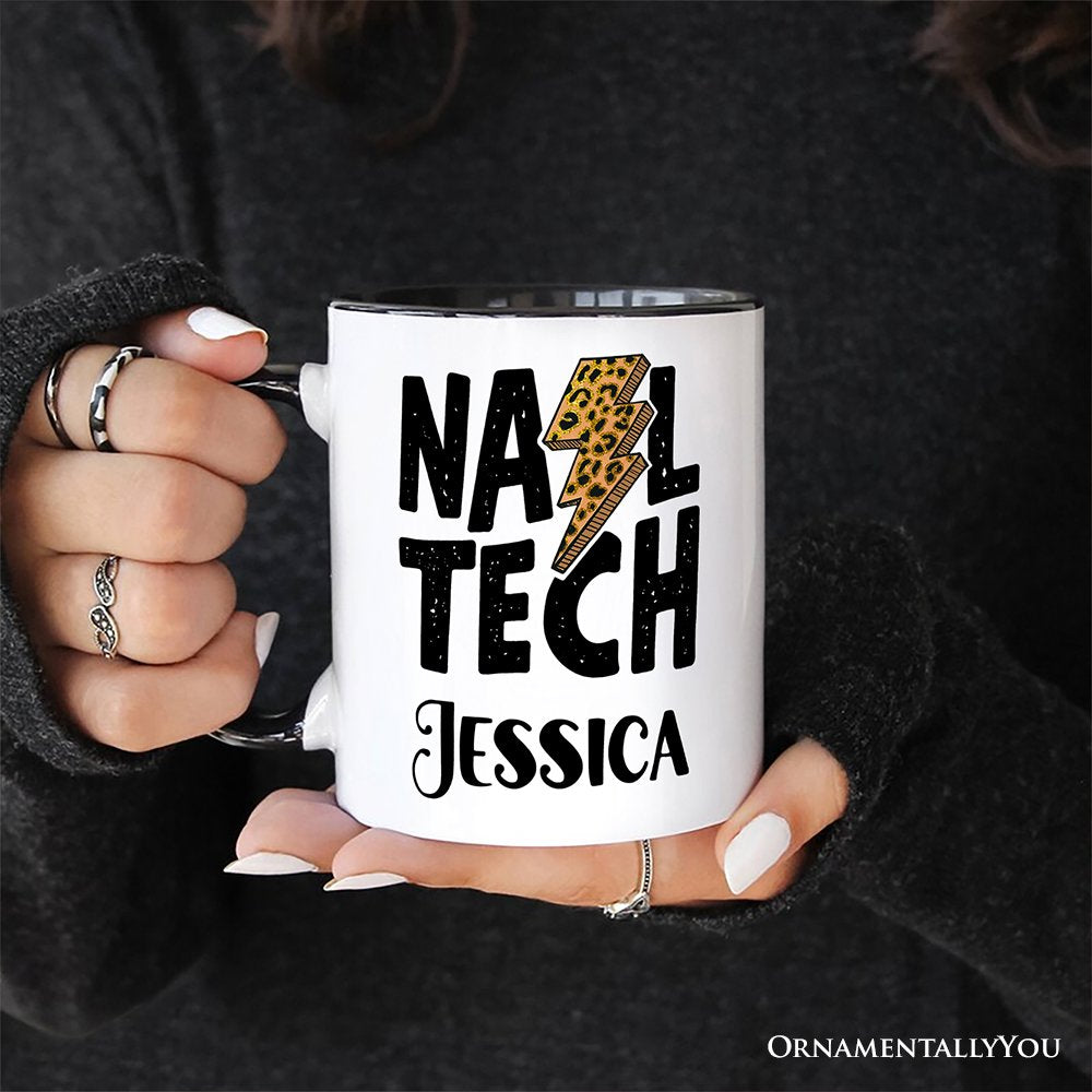 Nail Tech Leopard Lightning Personalized Mug, Retro Stylist Gift with Custom Name Personalized Ceramic Mug OrnamentallyYou 