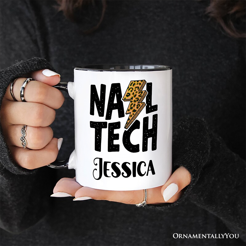 Nail Tech Leopard Lightning Personalized Mug, Retro Stylist Gift with Custom Name