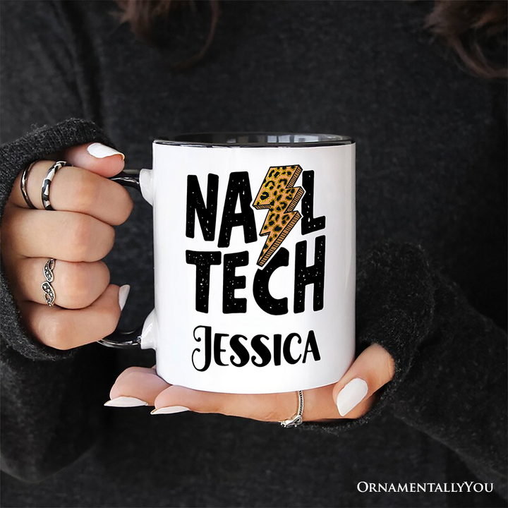 Nail Tech Leopard Lightning Personalized Mug, Retro Stylist Gift with Custom Name