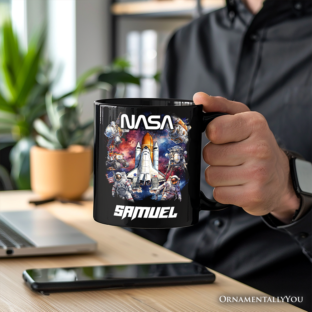 Artistic NASA Handcrafted Christmas Personalized Mug, Astronaut in Outer Space with the Planets Gift with Custom Name