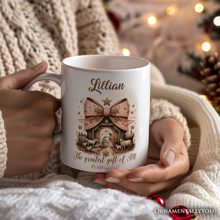 Holy Night Nativity Scene Jesus Personalized Mug, The Greatest Gift of All Matthew 1:21 Christian Christmas Gift with Custom Name