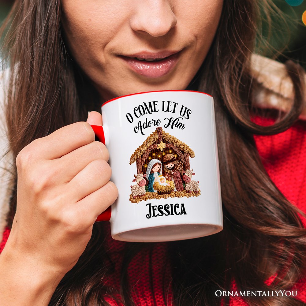 Nativity Holy Family Jesus Christmas Personalized Mug, Imitation Latch Hook Yarn Cozy Christian Gift with Custom Name Personalized Ceramic Mug OrnamentallyYou 
