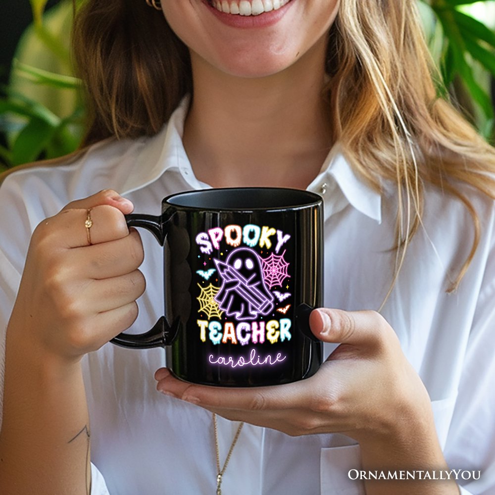 Spooky Teacher Neon Ghost Personalized Mug, Retro Halloween Gift with Custom Name for Educators Personalized Ceramic Mug OrnamentallyYou 