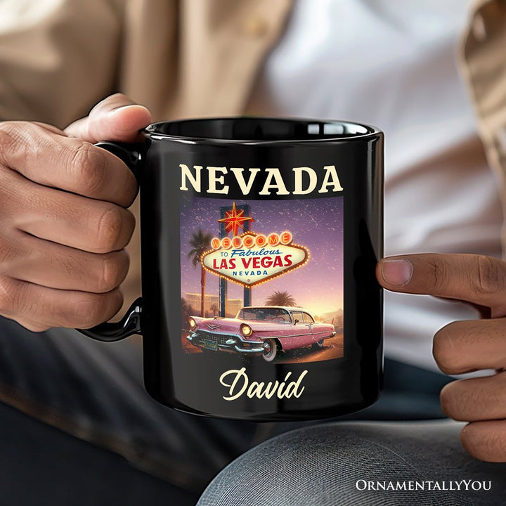 Vintage Nevada State Las Vegas Sign Personalized Mug, Retro Pink Cadillac Gift and Desert City Souvenir with Custom Name Personalized Ceramic Mug OrnamentallyYou 