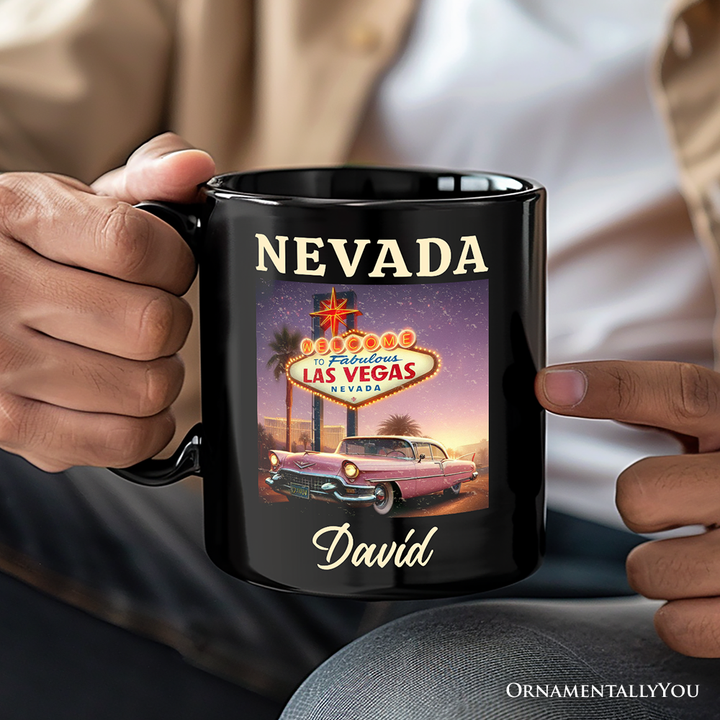 Vintage Nevada State Las Vegas Sign Personalized Mug, Retro Pink Cadillac Gift and Desert City Souvenir with Custom Name