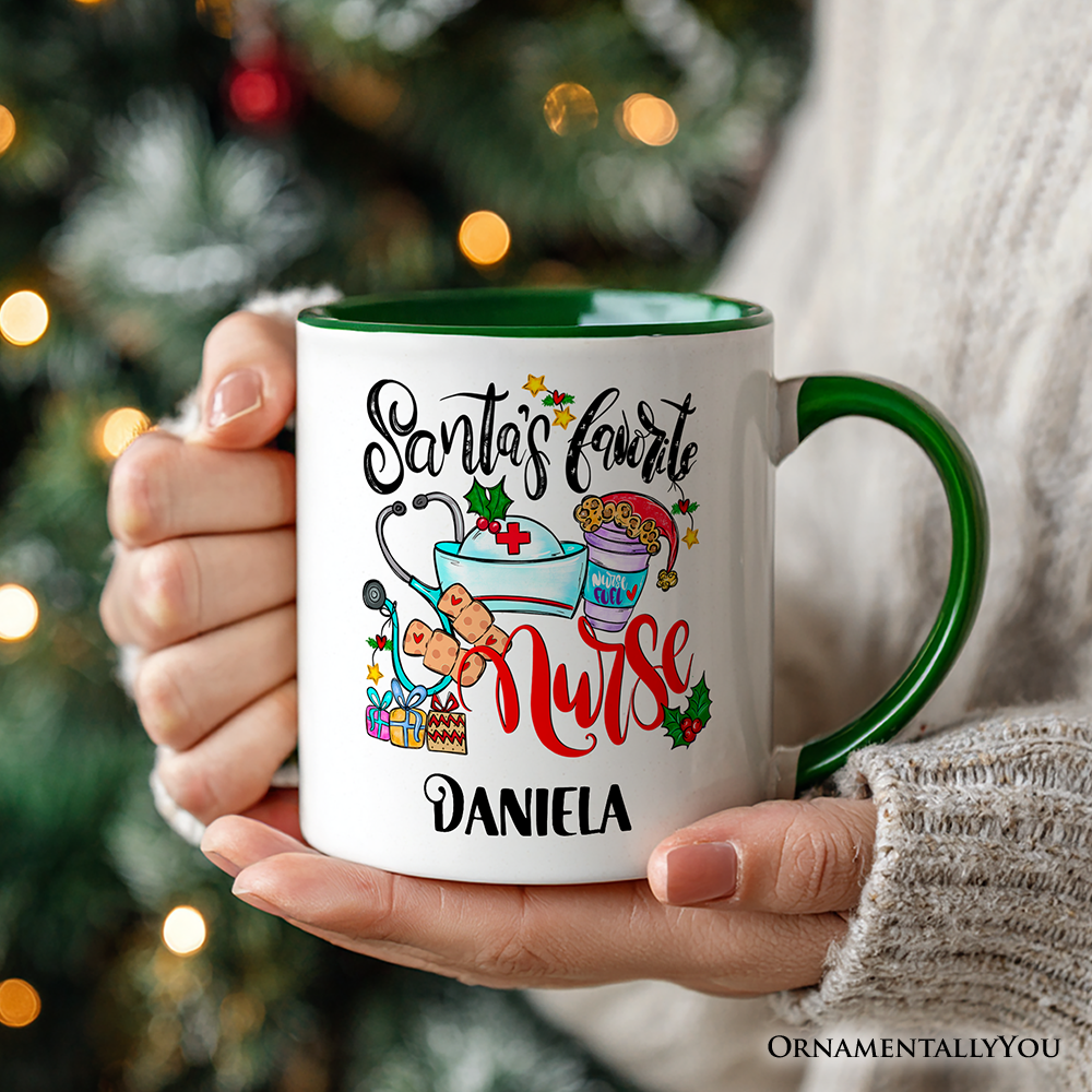 Santa’s Favorite Nurse Christmas Personalized Mug, Healthcare Appreciation Gift with Custom Name