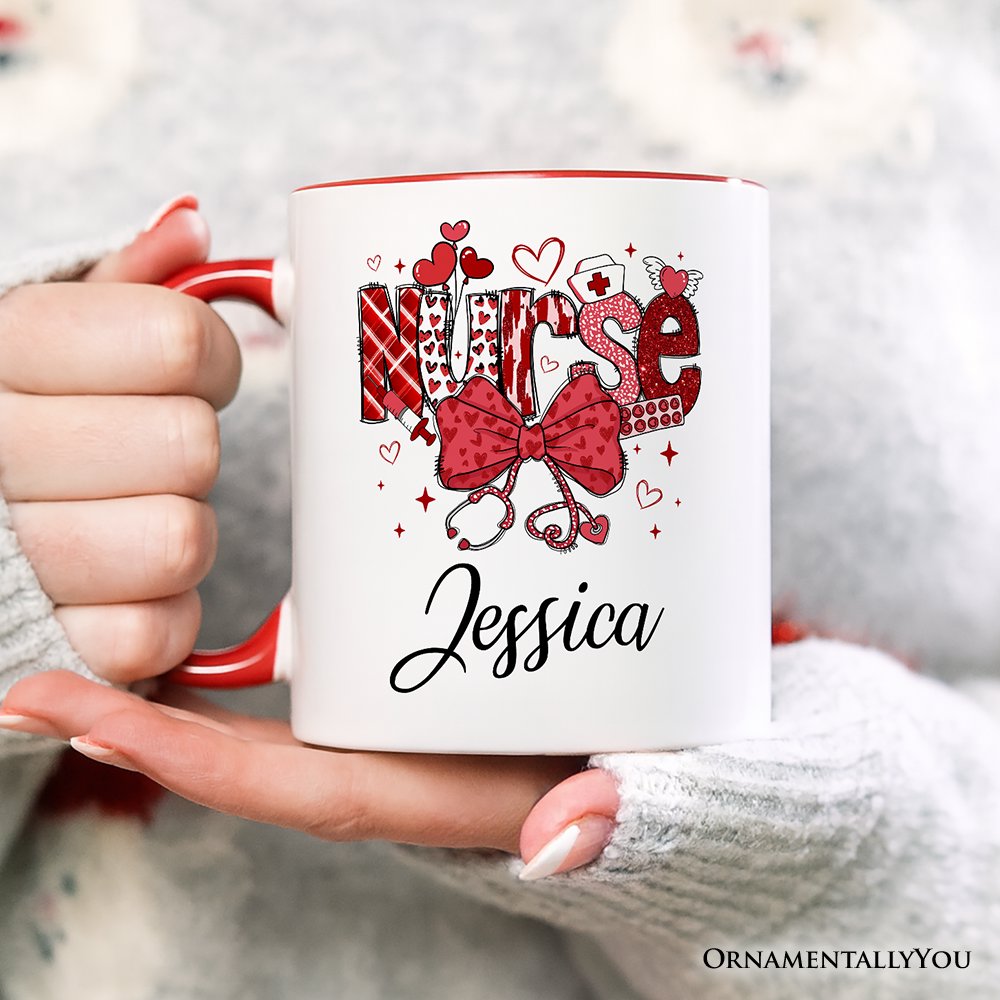 Valentine Nurse Coquette Bow Personalized Mug, Cupid Favorite Nurse Gift with Custom Name Personalized Ceramic Mug OrnamentallyYou 