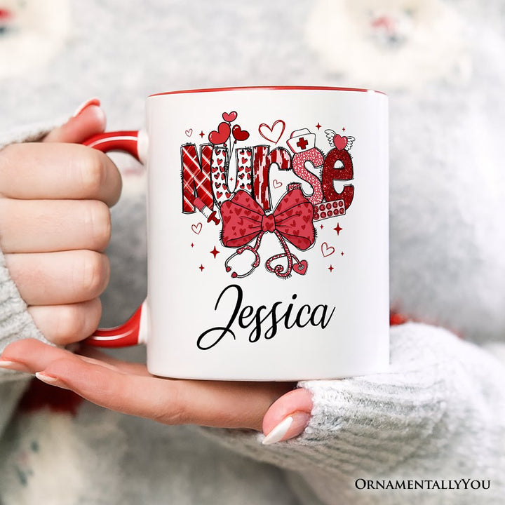 Valentine Nurse Coquette Bow Personalized Mug, Cupid Favorite Nurse Gift with Custom Name Personalized Ceramic Mug OrnamentallyYou 