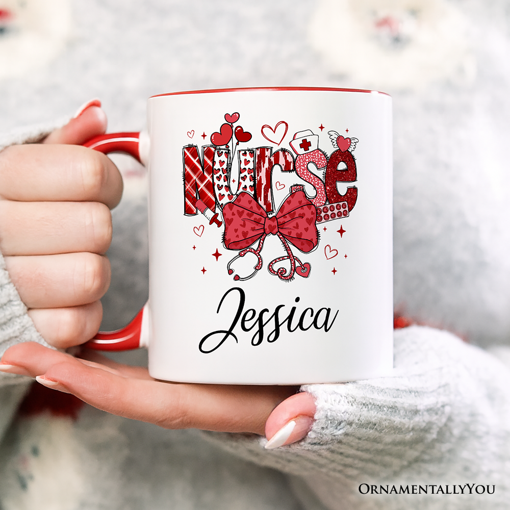 Valentine Nurse Coquette Bow Personalized Mug, Cupid Favorite Nurse Gift with Custom Name