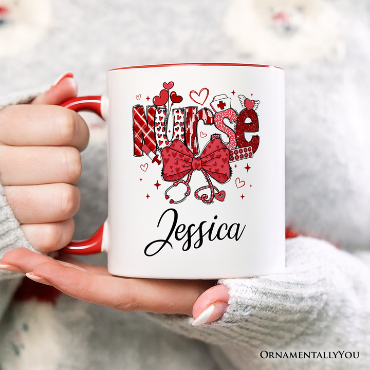 Valentine Nurse Coquette Bow Personalized Mug, Cupid Favorite Nurse Gift with Custom Name