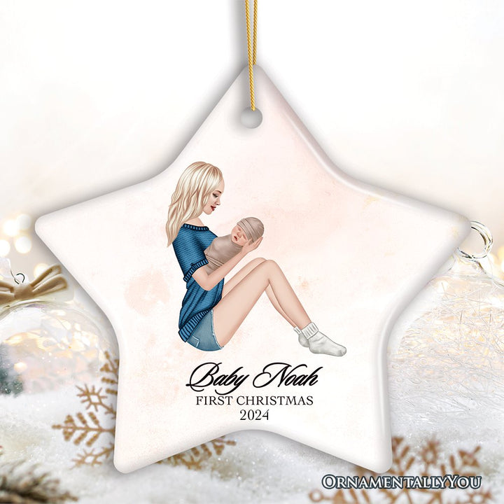 Mother and Newborn Baby Personalized First Christmas Ornament Ceramic Ornament OrnamentallyYou Star 