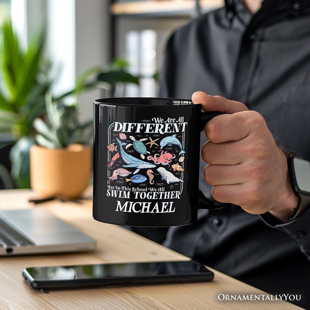 Ocean Animal Teacher Personalized Mug, We Are All Different But In This School We All Swim Classroom Gift with Custom Name Personalized Ceramic Mug OrnamentallyYou 