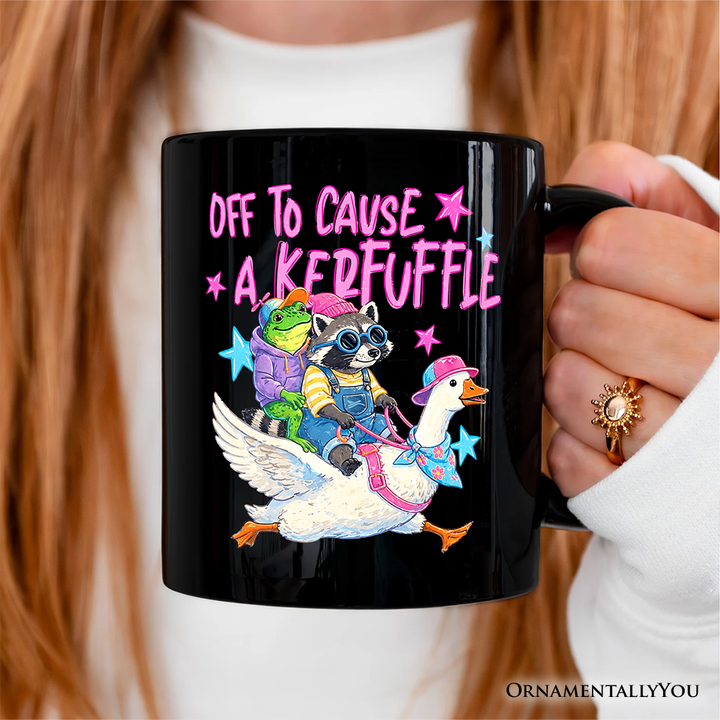 Off To Cause A Kerfuffle Mug, Frog Raccoon Goose Funny Animal Gift