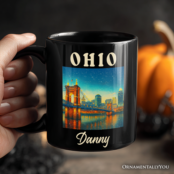 Charming Ohio State Cityscape and Landmark Personalized Mug, Cincinnati Night Bridge Gift and Midwest Skyline Souvenir with Custom Name