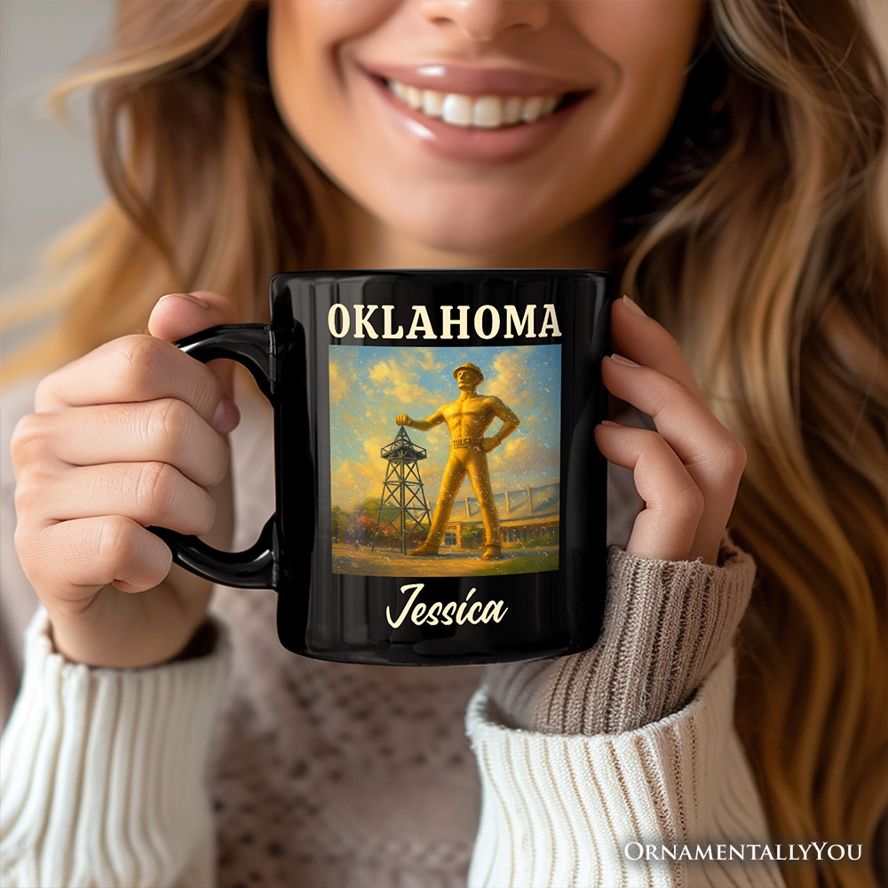 Iconic Oklahoma State Oil Heritage Personalized Mug, Tulsa Golden Driller Landmark Gift and Travel Souvenir with Custom Name