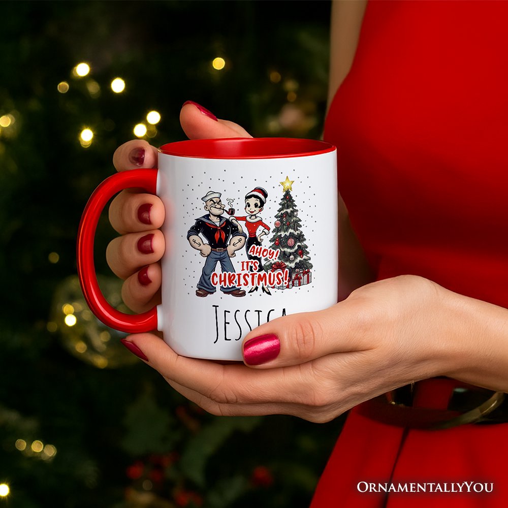 Ahoy! It's Christmus! Popeye and Olive Personalized Mug, Vintage Sailor Christmas Gift with Custom Name Personalized Ceramic Mug OrnamentallyYou 