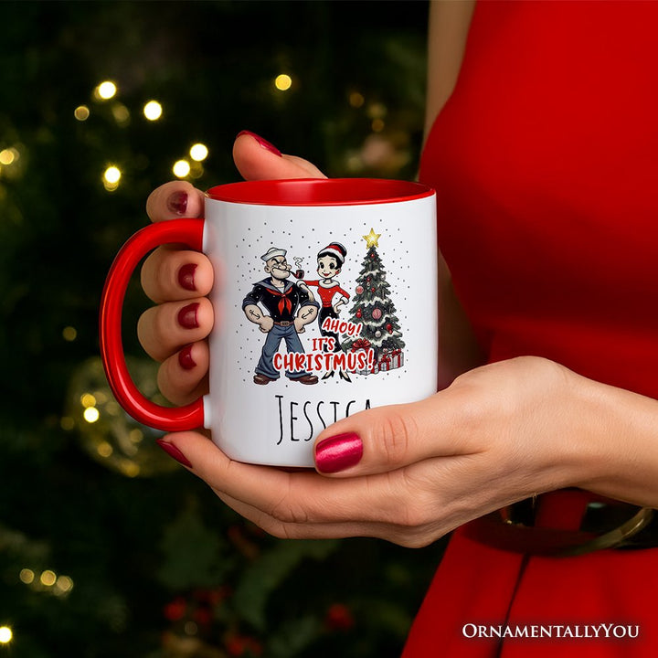 Ahoy! It's Christmus! Popeye and Olive Personalized Mug, Vintage Sailor Christmas Gift with Custom Name Personalized Ceramic Mug OrnamentallyYou 