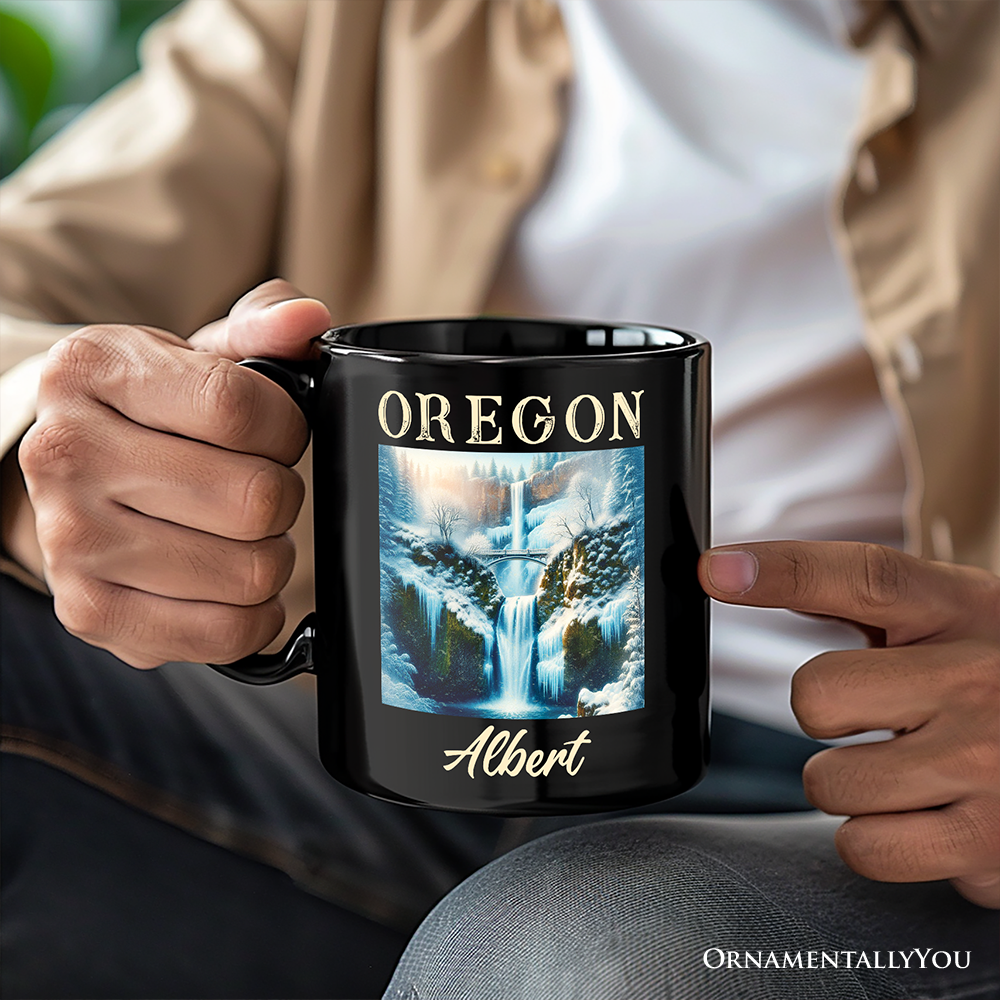 Enchanting Oregon State Multnomah Falls Winter Personalized Mug, Pacific Northwest Waterfall Gift and Souvenir with Custom Name