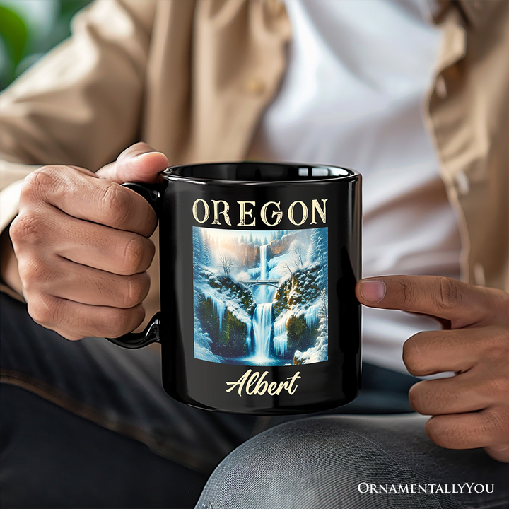 Enchanting Oregon State Multnomah Falls Winter Personalized Mug, Pacific Northwest Waterfall Gift and Souvenir with Custom Name