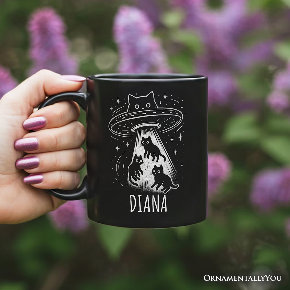 Alien Cat Abduction Personalized Mug, Funny UFO Space Cats Cosmic Gift with Custom Name