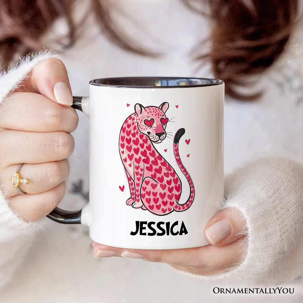 Pink Leopard Valentine Personalized Mug, Cute Love Hearts Gift with Custom Name