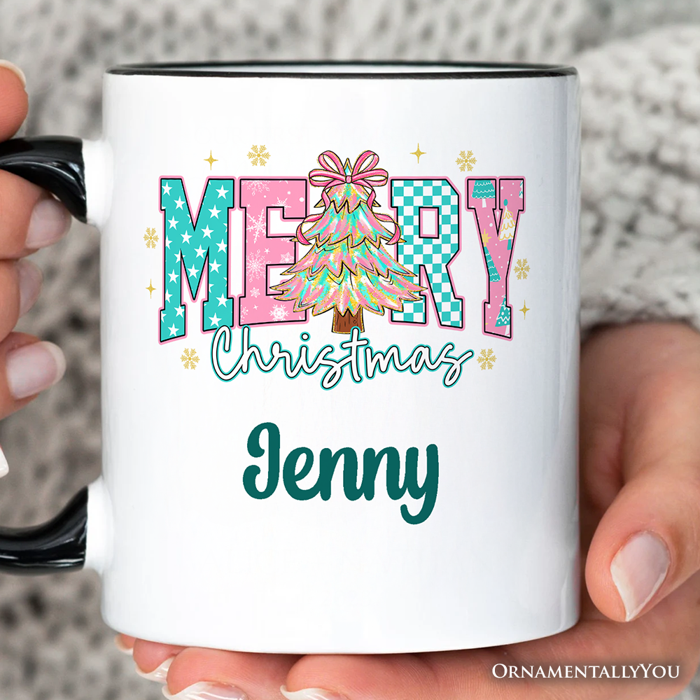 Merry Christmas Coquette Tree Personalized Mug, Preppy Retro Holiday Gift with Custom Name