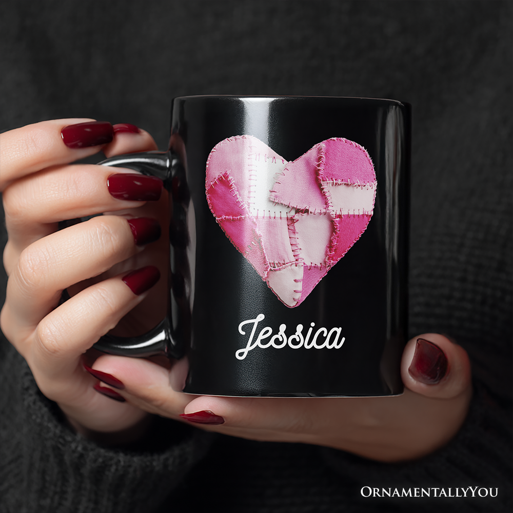 Patchwork Pink Heart Valentine Personalized Mug, Love Retro Coquette Gift with Custom Name