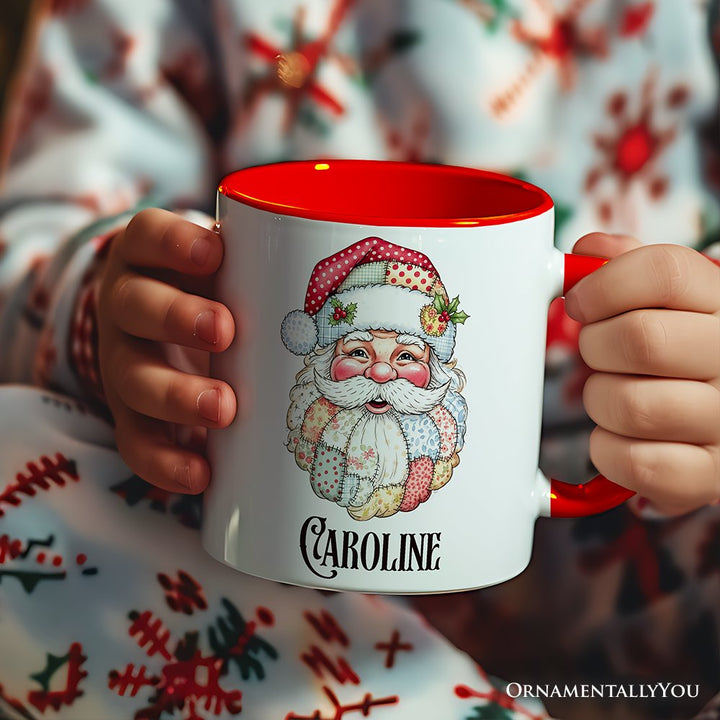 Patchwork Santa Claus Personalized Mug, Retro Christmas Holiday Gift with Custom Name Personalized Ceramic Mug OrnamentallyYou 