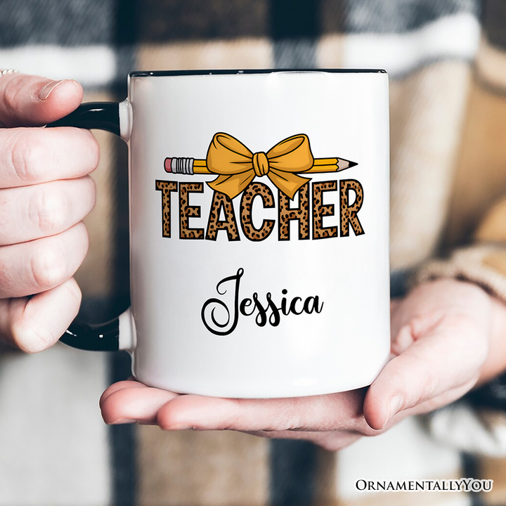 Teacher Leopard Pencil Personalized Mug, Coquette Bow Retro Classroom Gift with Custom Name