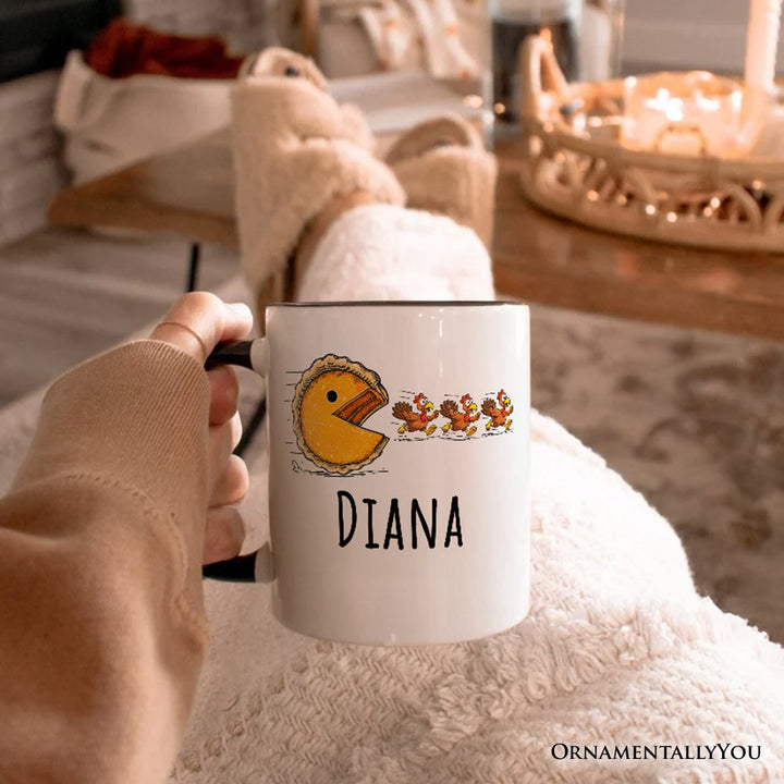 Pumpkin Pie Chasing Turkeys Funny Personalized Mug, Retro Thanksgiving Fall Vibes Gift with Custom Name Personalized Ceramic Mug OrnamentallyYou 