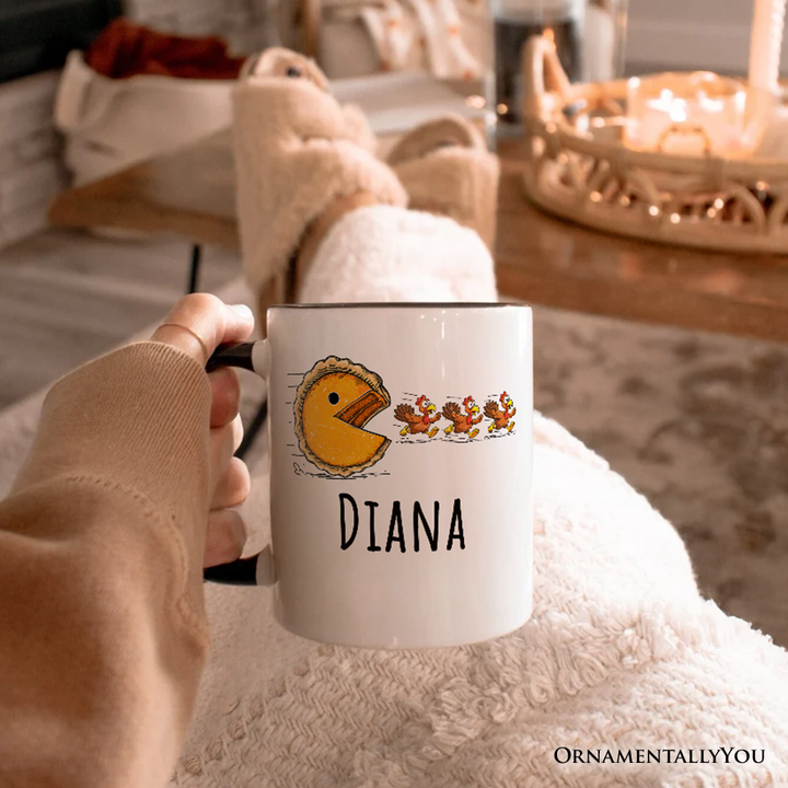 Pumpkin Pie Chasing Turkeys Funny Personalized Mug, Retro Thanksgiving Fall Vibes Gift with Custom Name