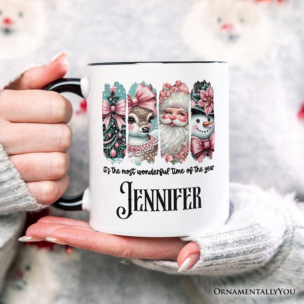 Coquette Pink Christmas Personalized Mug, It's The Most Wonderful Time Of The Year Vintage Gift with Custom Name Personalized Ceramic Mug OrnamentallyYou 