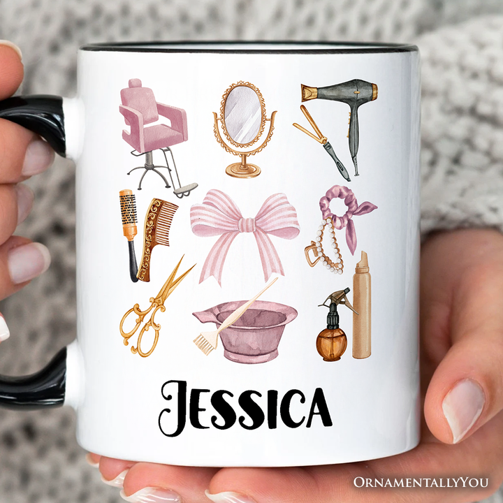 Hairstylist Coquette Aesthetic Personalized Mug, Pink Hair Dresser Gift with Custom Name