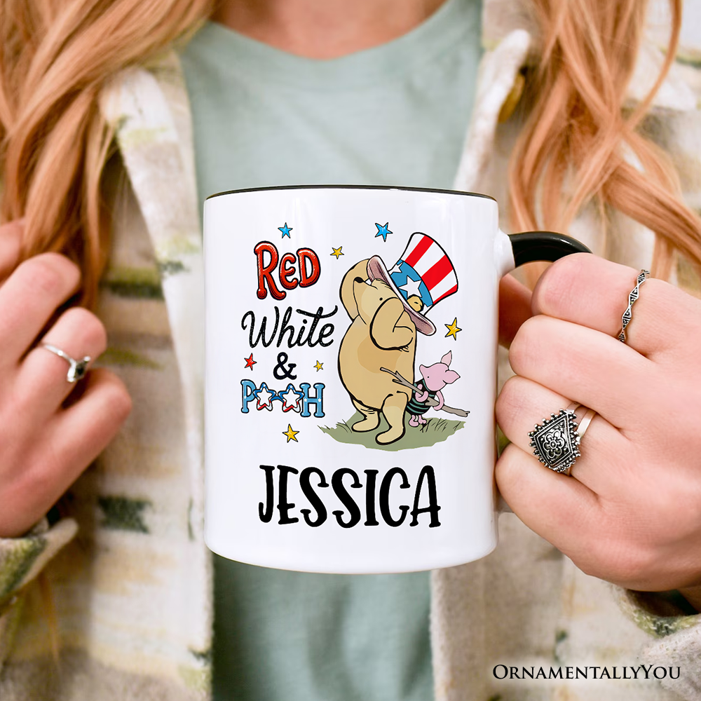 Patriotic Red White & Proud Personalized Mug, 4th of July Celebration Pooh Bear Gift with Custom Name