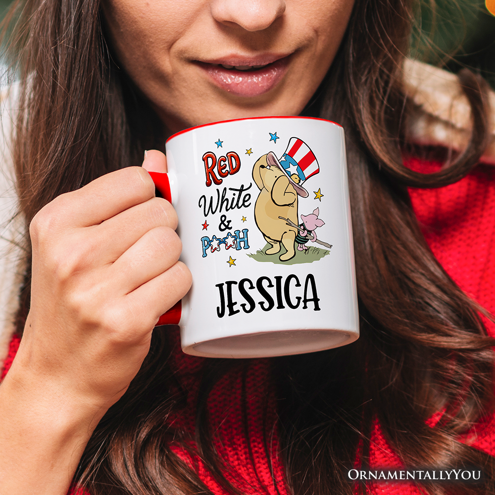 Red White & Proud Personalized Mug, Patriotic 4th of July Celebration Pooh Bear Gift with Custom Name