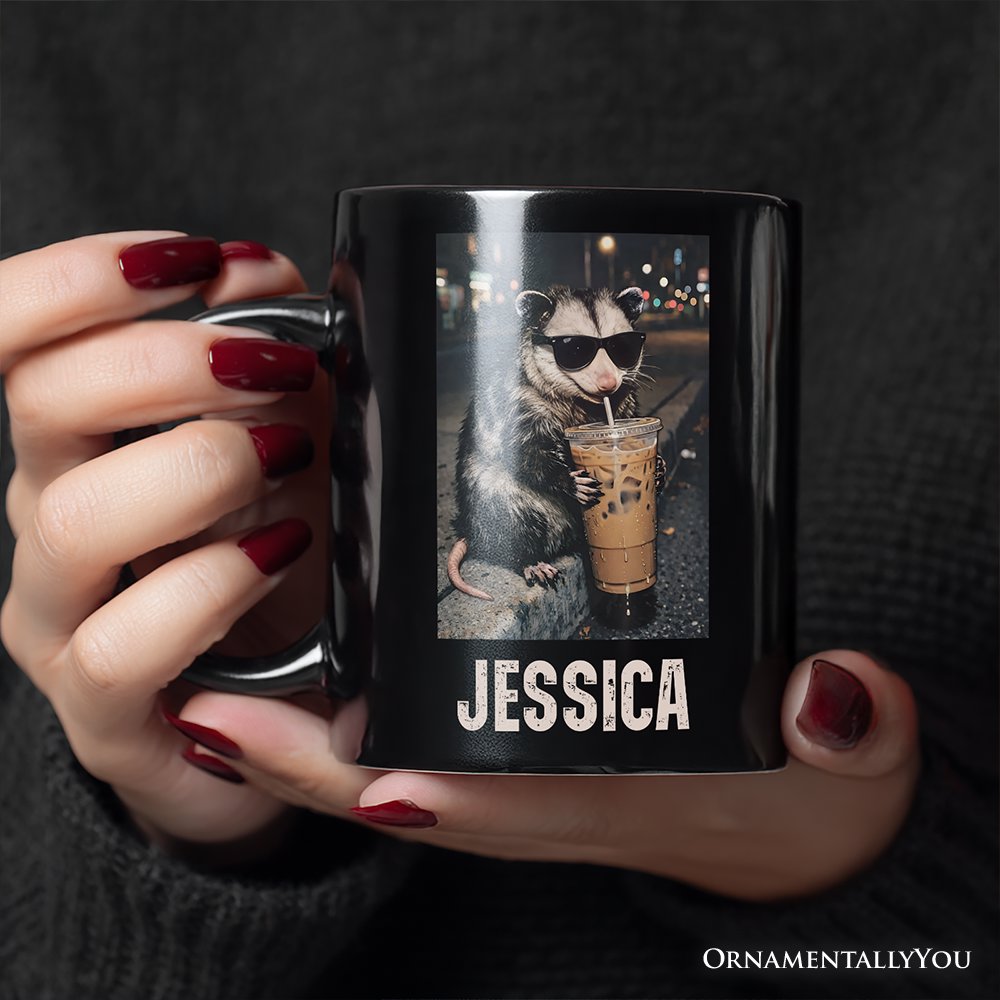 Iced Coffee Opossum Personalized Mug, Funny Animal Meme Gift with Custom Name Personalized Ceramic Mug OrnamentallyYou 