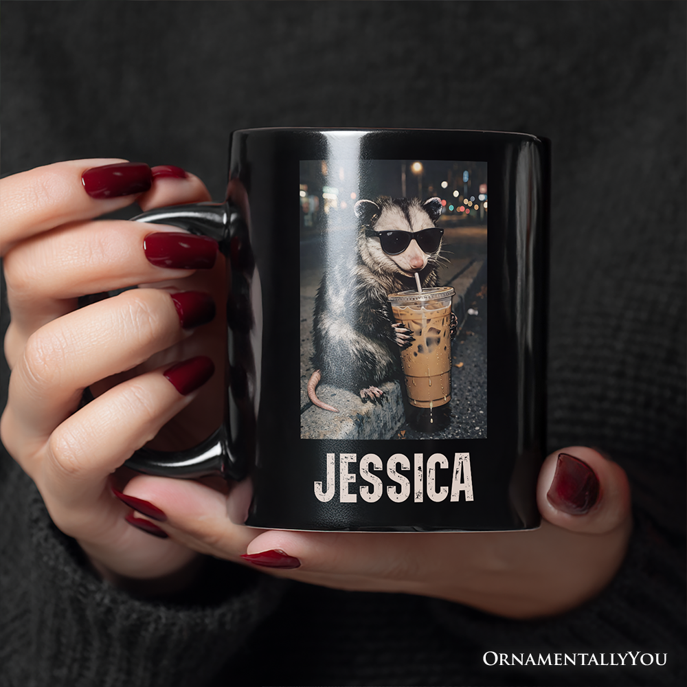 Iced Coffee Opossum Personalized Mug, Funny Animal Meme Gift with Custom Name