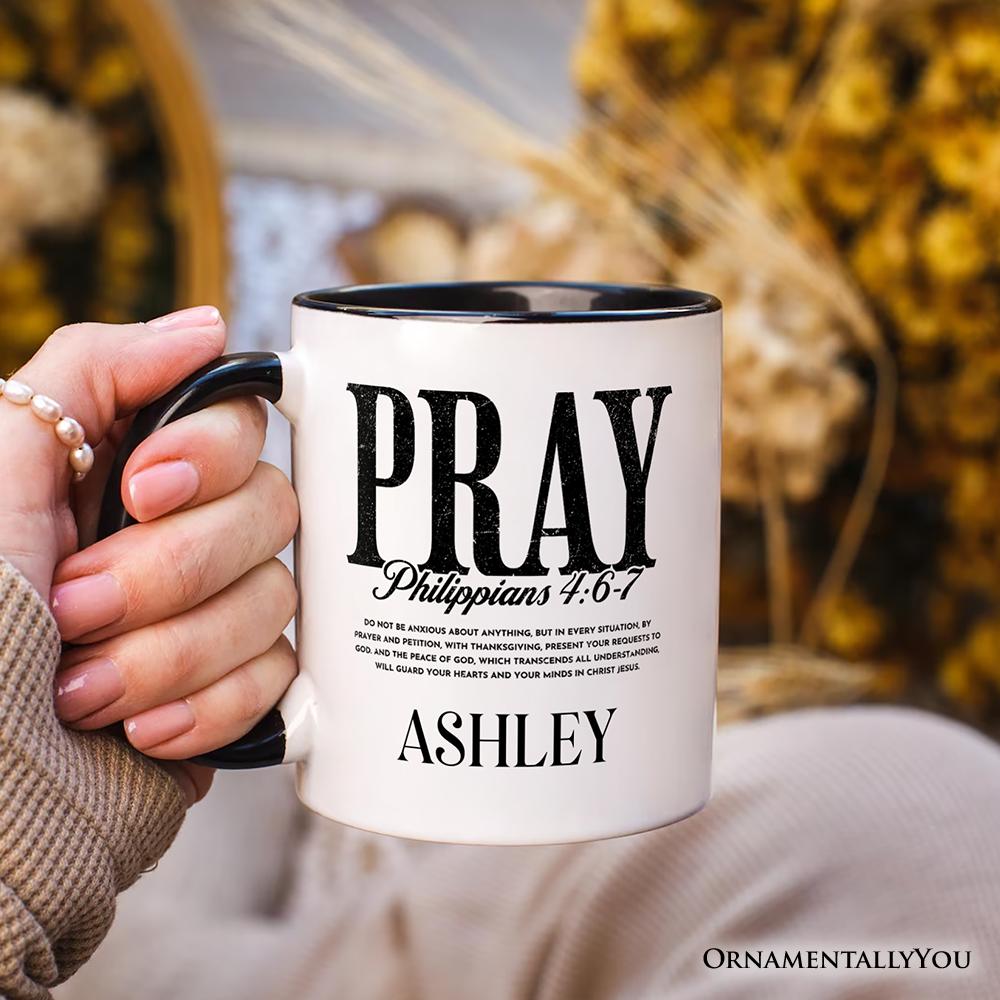 Pray Philippians 4:6-7 Christian Personalized Mug, Bible Verse Faith Gift with Custom Name