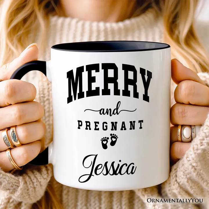 Merry and Pregnant Personalized Mug, Baby Announcement Christmas Custom Gift for New Mom