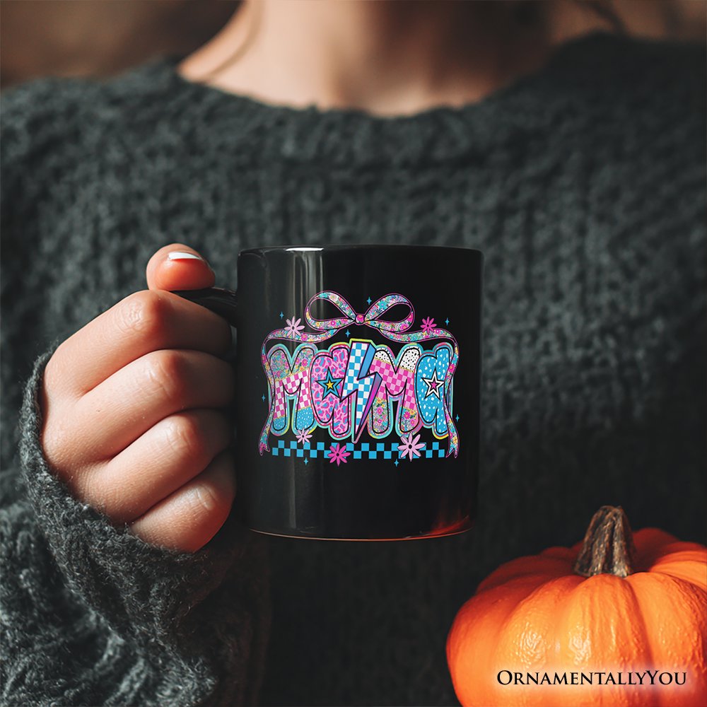 Preppy Mama Checkered Retro Mug, Lightning Bolt Mom Gift Personalized Ceramic Mug OrnamentallyYou 