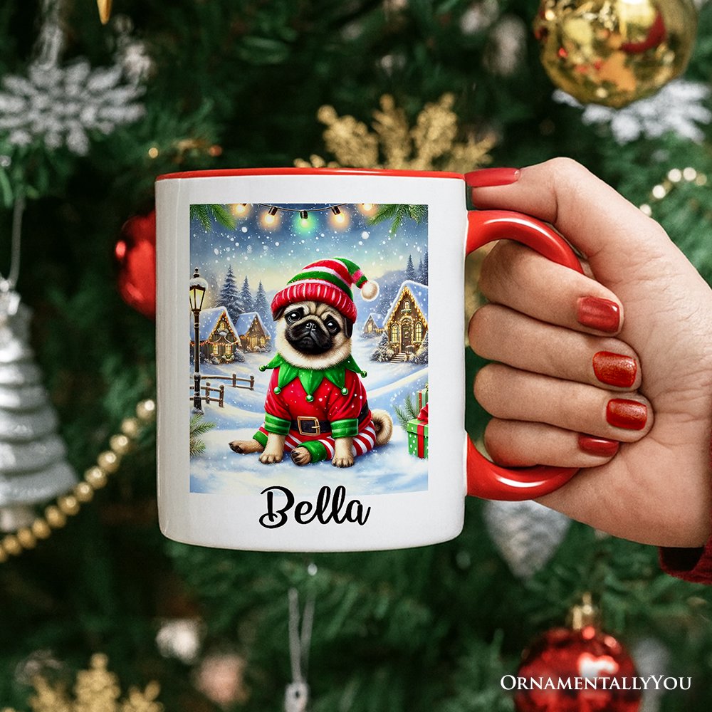 Santa's Little Helper Pug Elf Personalized Mug, Whimsical Canine Christmas Gift with Custom Name Personalized Ceramic Mug OrnamentallyYou 