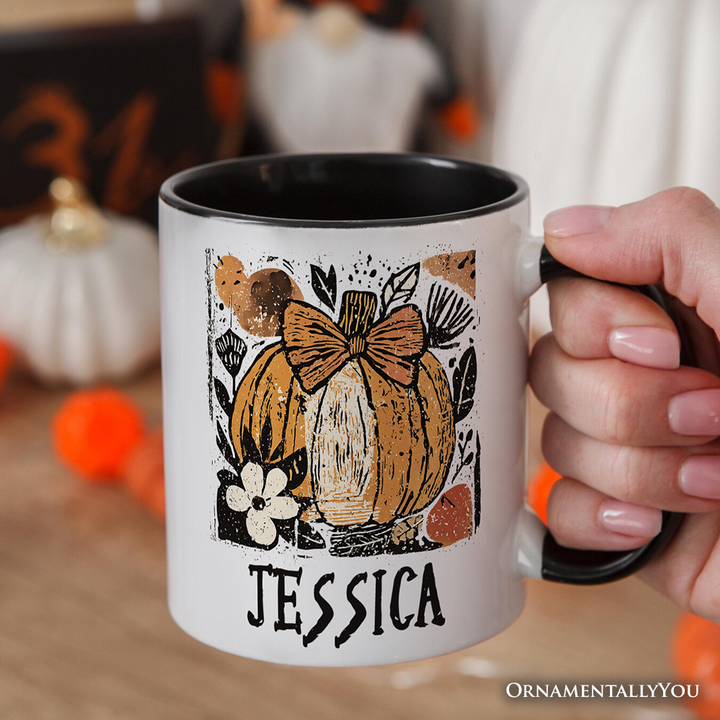 Pumpkin Fall Floral Personalized Mug, Thanksgiving Coquette Bow Gift with Custom Name