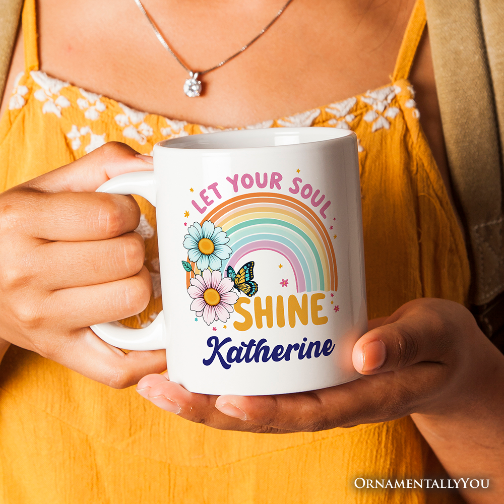 Let Your Soul Shine Rainbow Personalized Mug, Retro Pastel Floral Feel Good Gift with Custom Name