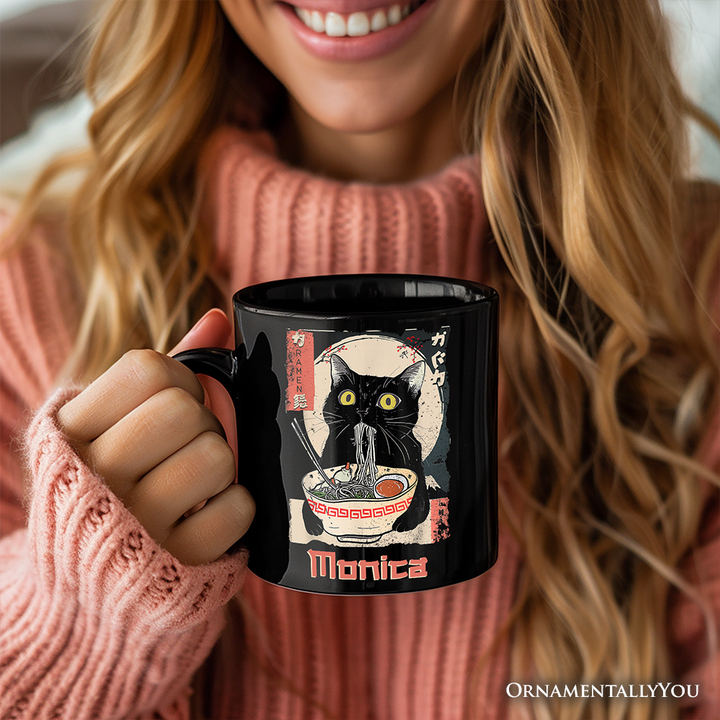Kawaii Anime Cat Eating Ramen Personalized Mug, Noodle Japanese Art Style Gift with Custom Name