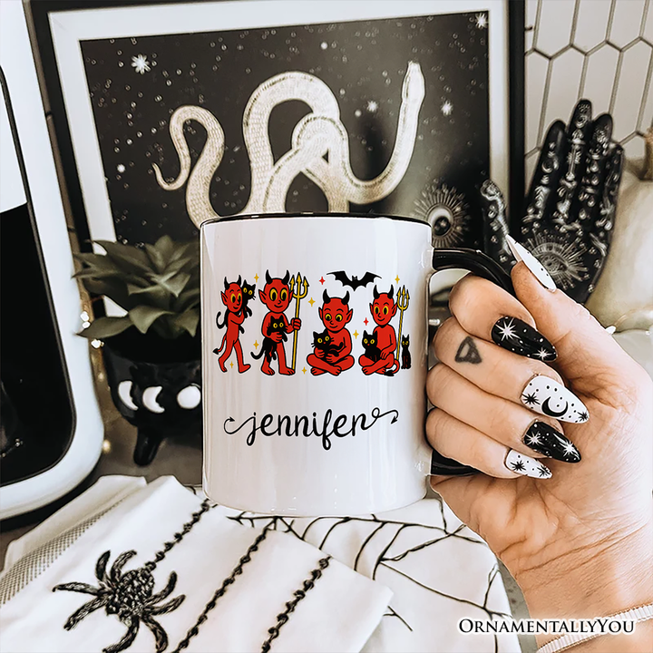 Cute Red Devils and Cats Personalized Mug, Vintage Halloween Gift with Custom Name